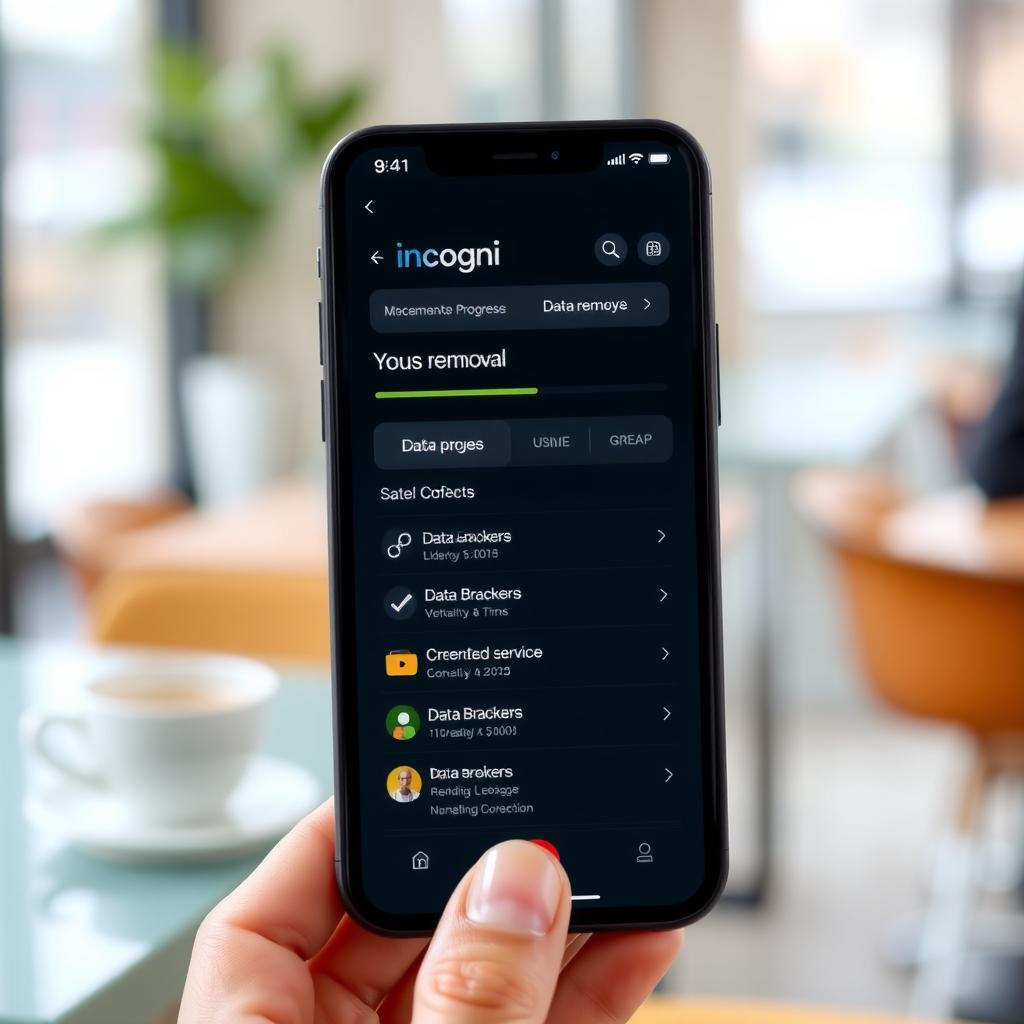 Smartphone displaying Incogni app dashboard in a coffee shop