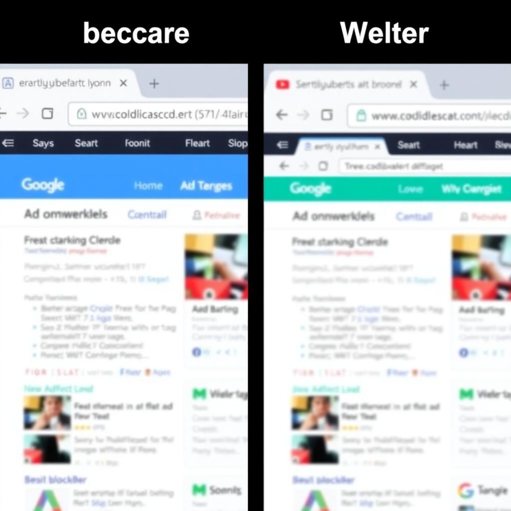 Comparison of a website with and without an ad blocker, highlighting faster load times and cleaner layout.