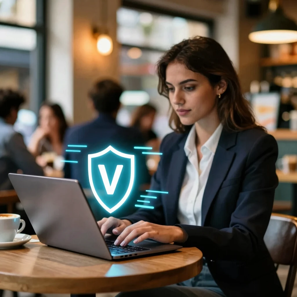 Woman securing her connection with a VPN in a public coffee shop