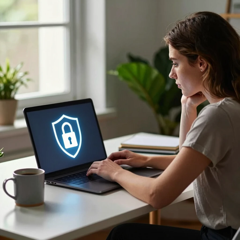 Woman reviewing online security settings on her laptop
