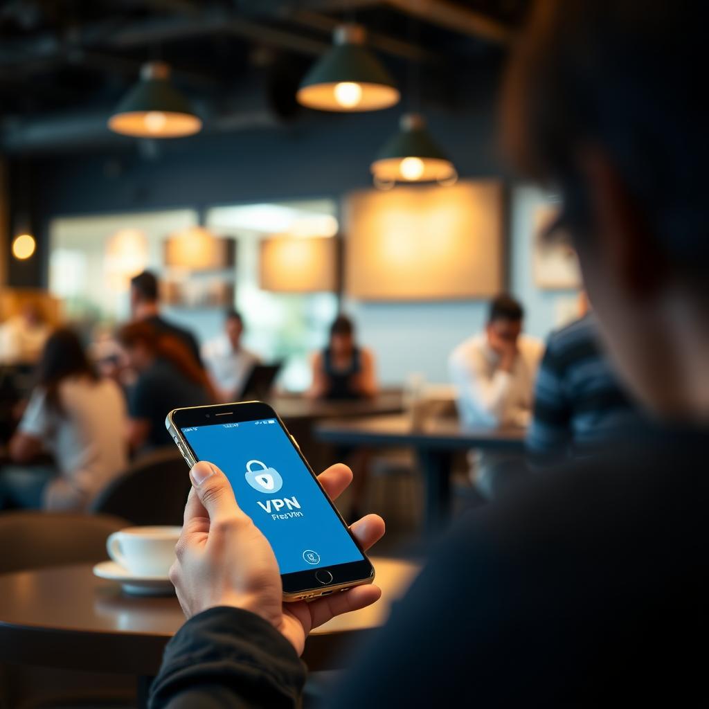 Person connecting to a VPN on a smartphone in a busy coffee shop with a glowing VPN icon.