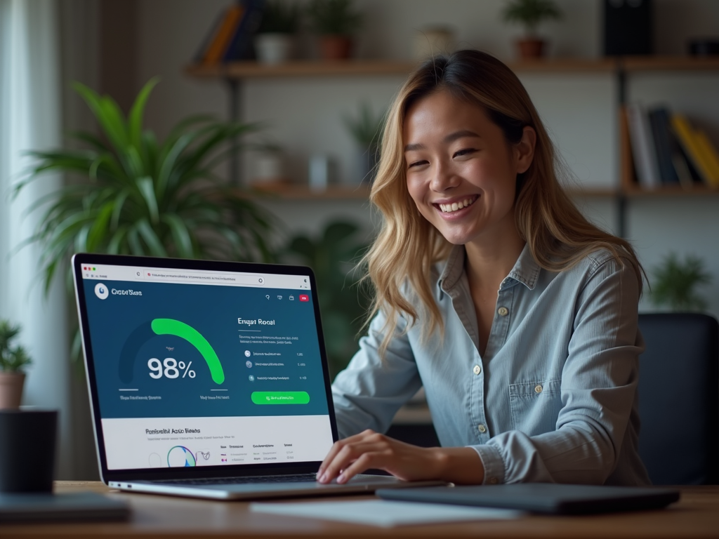 Person happy with a high security score on a password manager.
