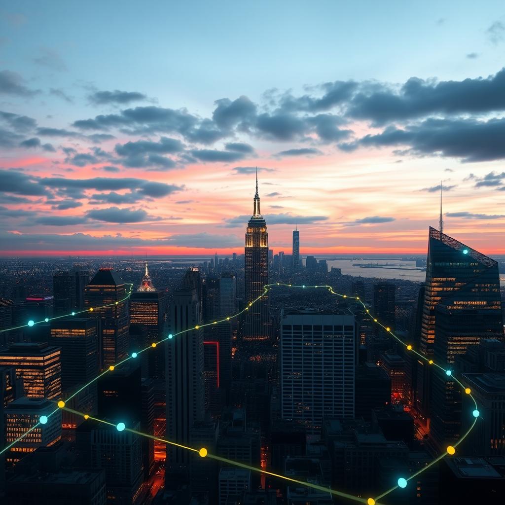 Futuristic city with data privacy technology.