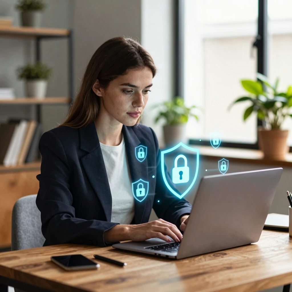 Woman working securely on laptop with privacy tools active