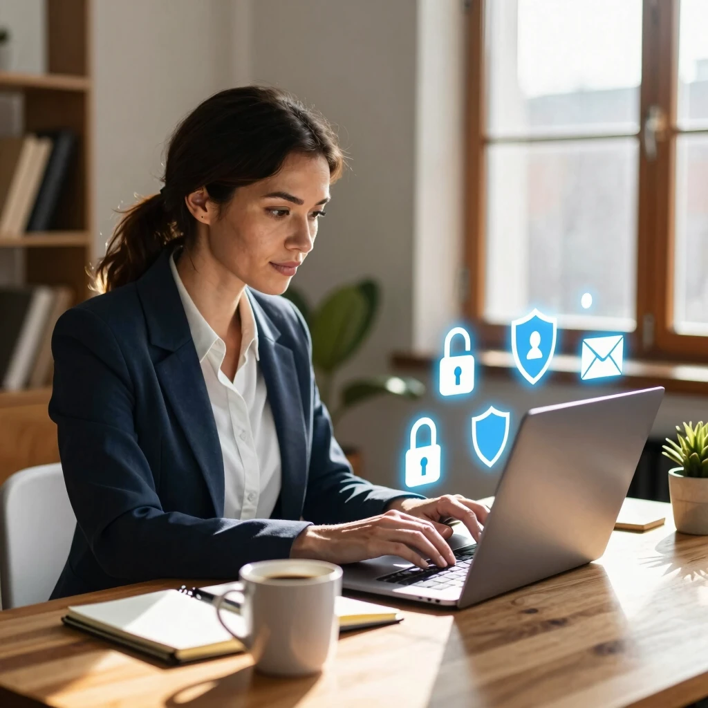 Professional woman securing her online privacy on a laptop in a home office
