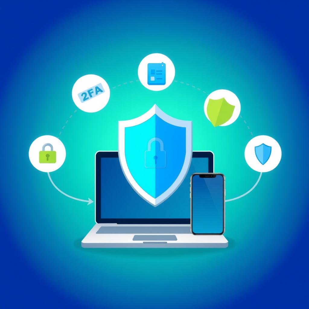 Illustration of a shield protecting digital devices with 2FA and privacy tool icons.