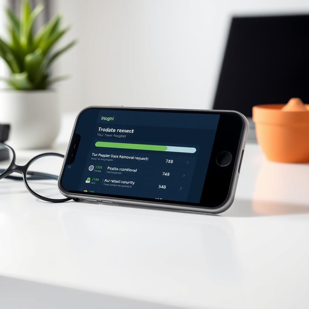 Smartphone displaying Incogni app dashboard with data removal progress, next to glasses and a potted plant.