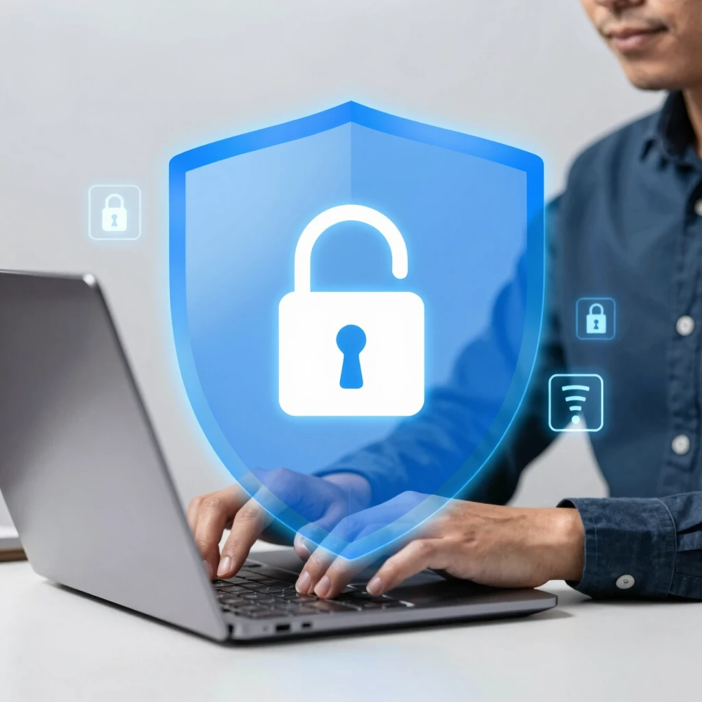 Person using laptop with privacy shield icon overlay symbolizing online privacy protection