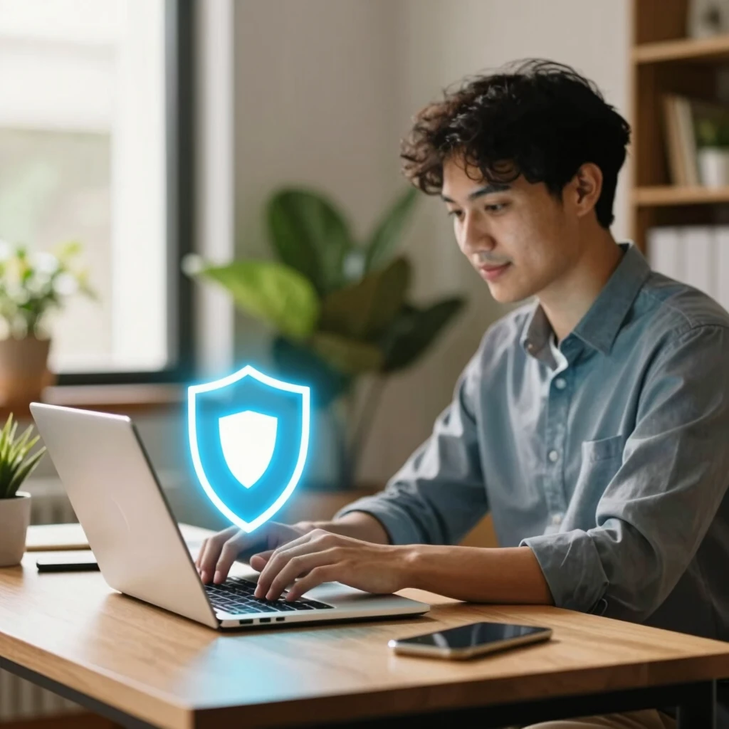 Person securing laptop with digital shield for online privacy