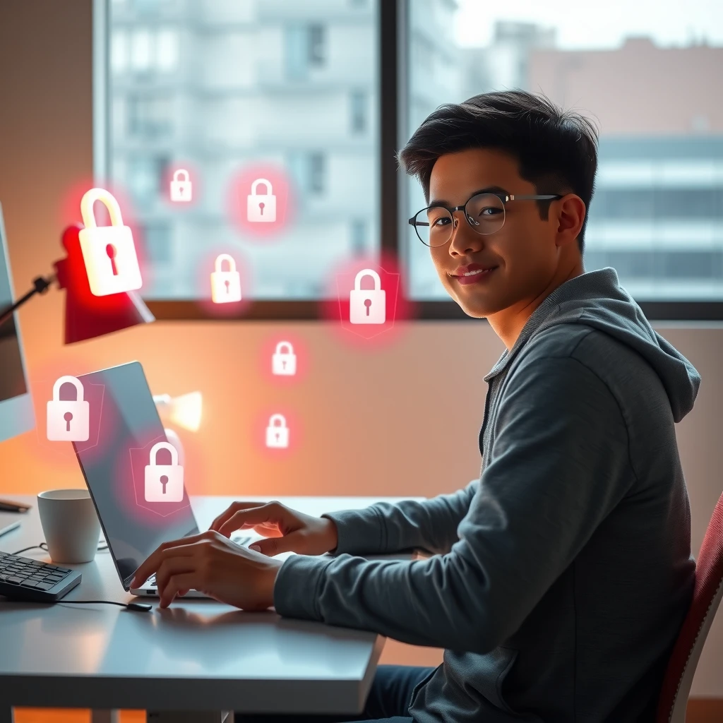 Person setting up strong online privacy protections on laptop