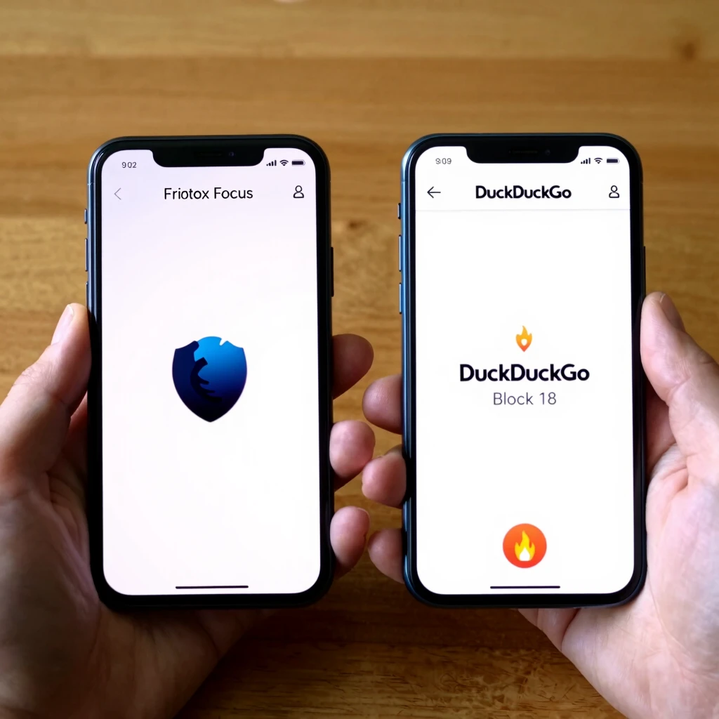 Side-by-side comparison of Firefox Focus and DuckDuckGo mobile browsers on smartphones