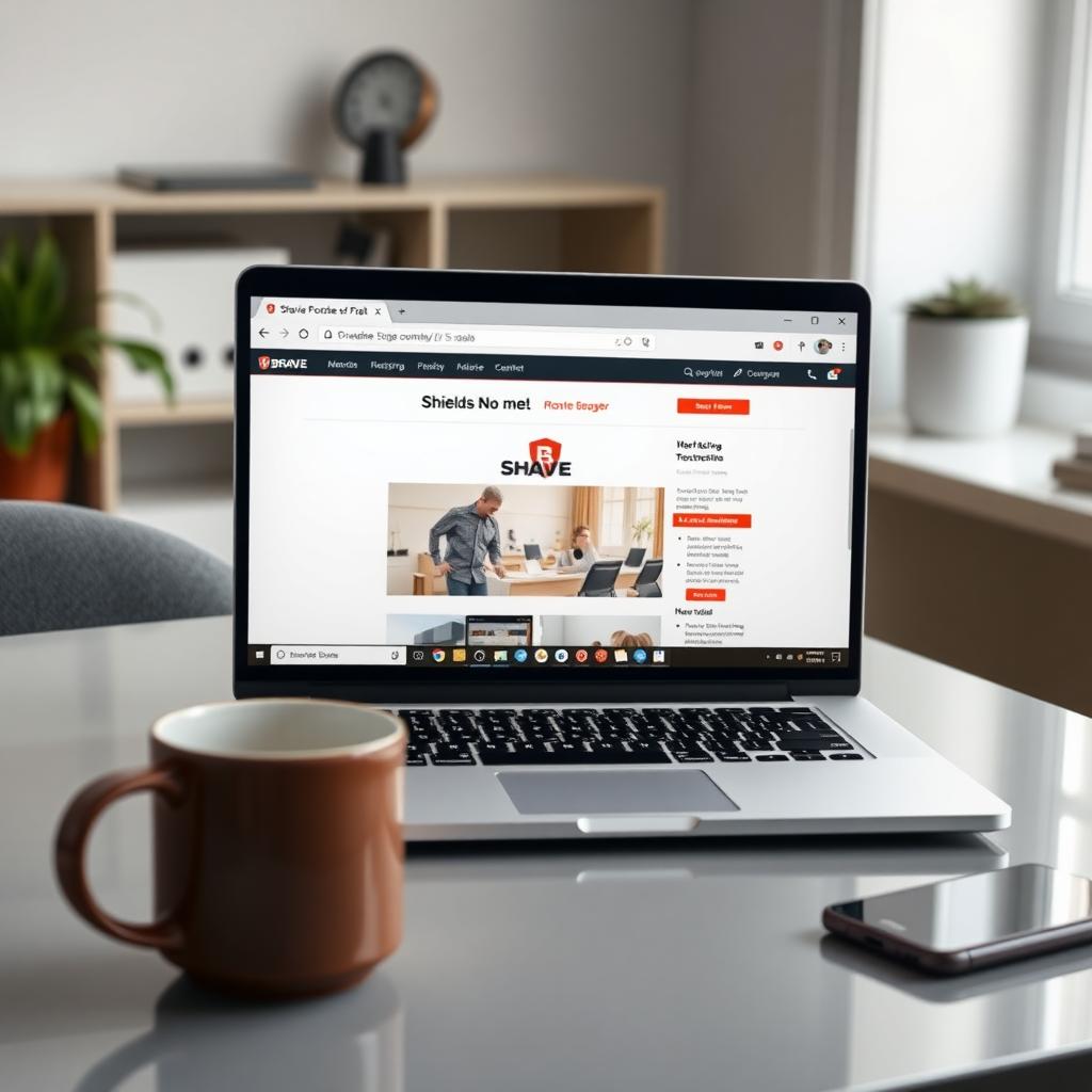 Laptop displaying Brave Browser with Shields feature enabled