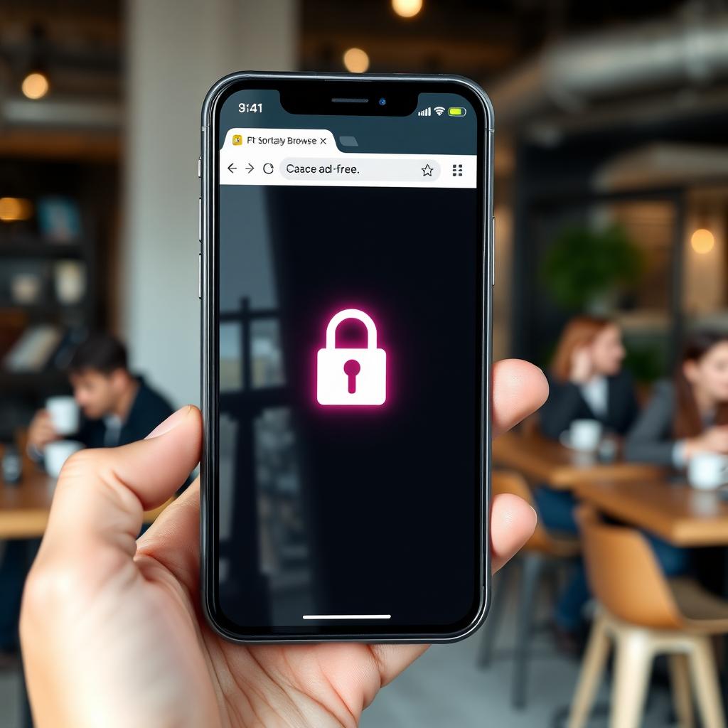 Smartphone displaying an ad-free webpage with a glowing lock icon in a coffee shop