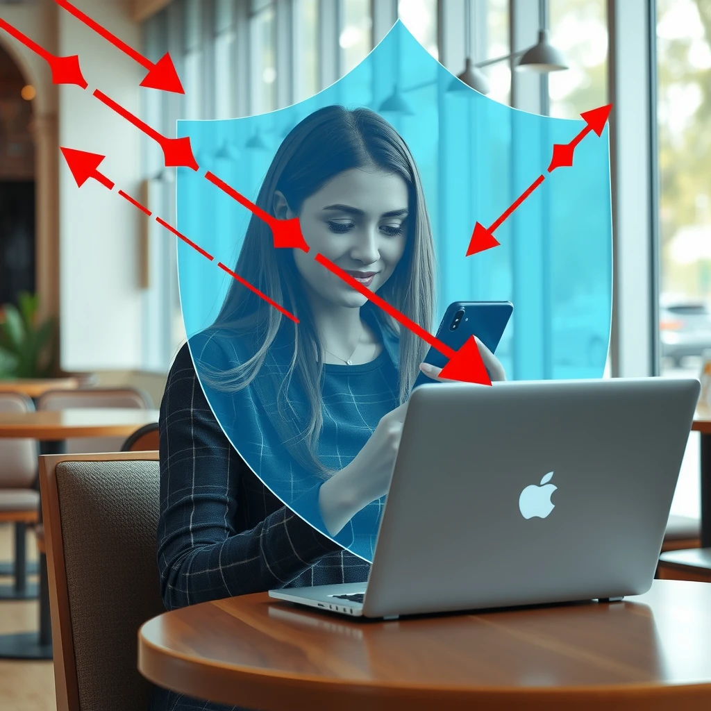 Woman using online privacy tools to protect her data in a public cafe