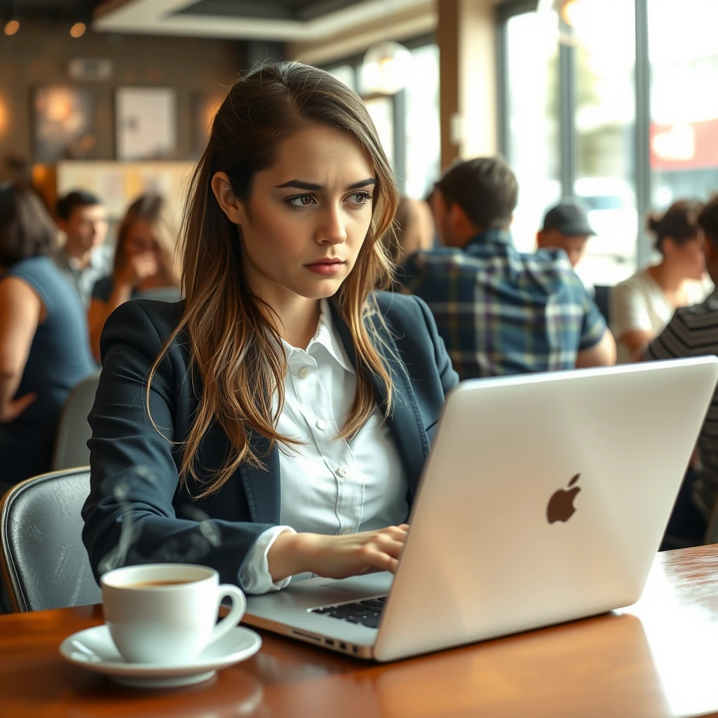 Woman using laptop on public Wi-Fi in a coffee shop, looking worried about security
