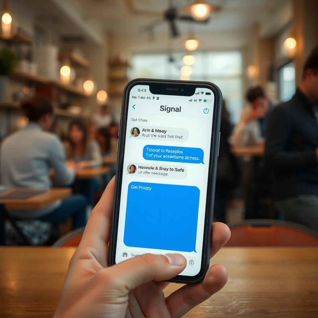 Smartphone showing the Signal app in a coffee shop, highlighting secure messaging.