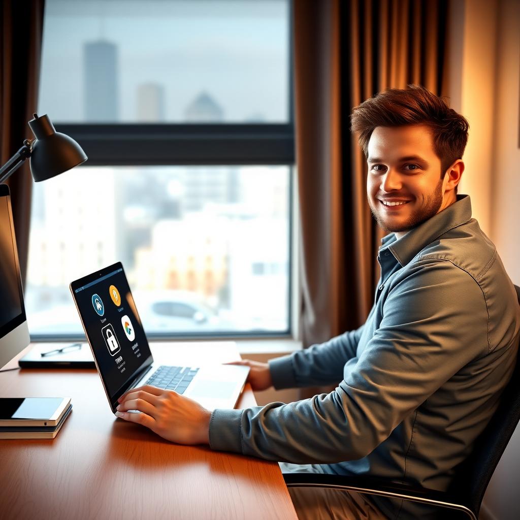 Person using a laptop with privacy app icons in a cozy home office