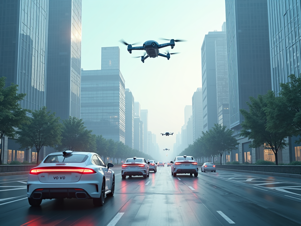 A city of the future with self-driving cars and delivery drones.