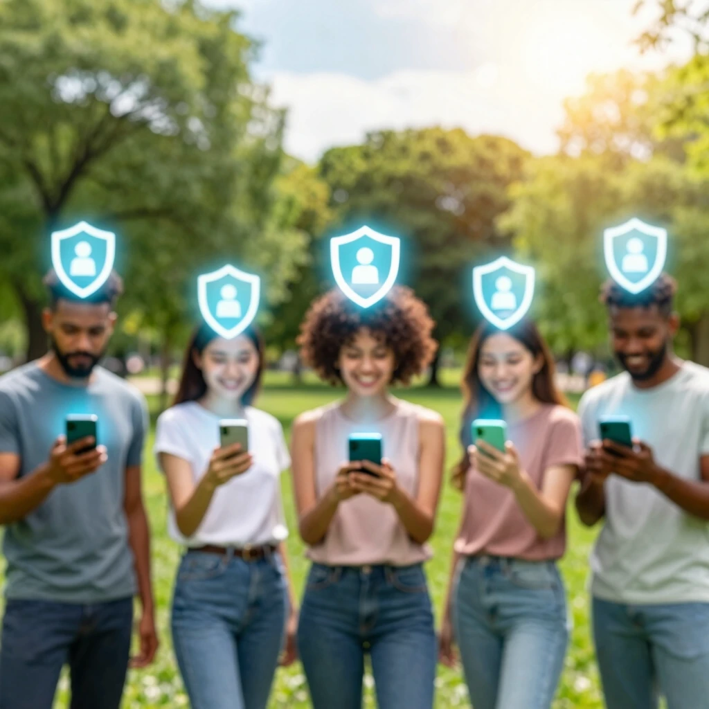 Group of people protected by digital privacy shields on their phones in a park