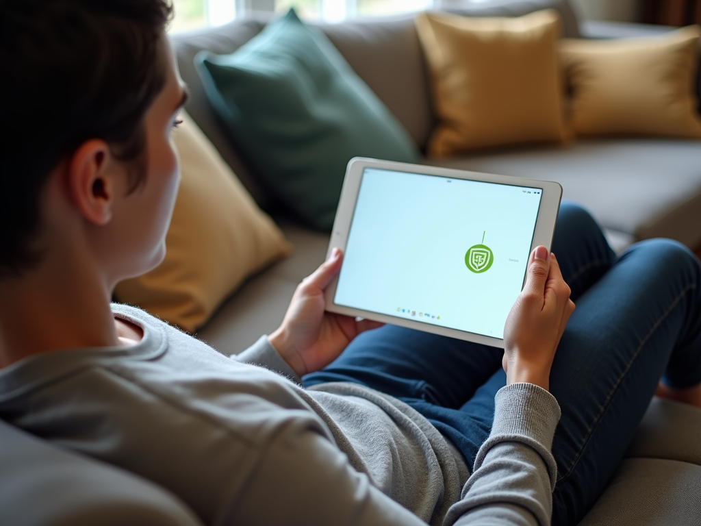 Person browsing ad-free on a tablet, protected by privacy tools.