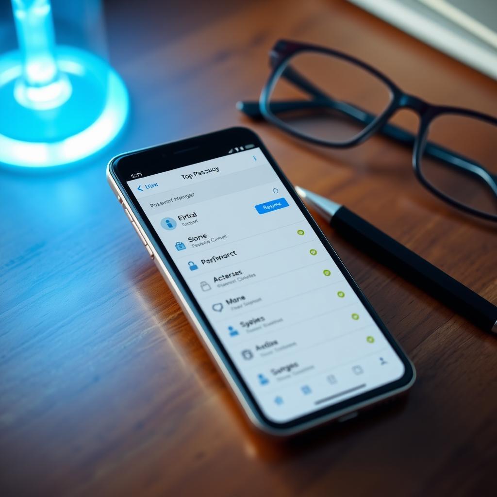 Smartphone displaying a password manager app on a wooden table