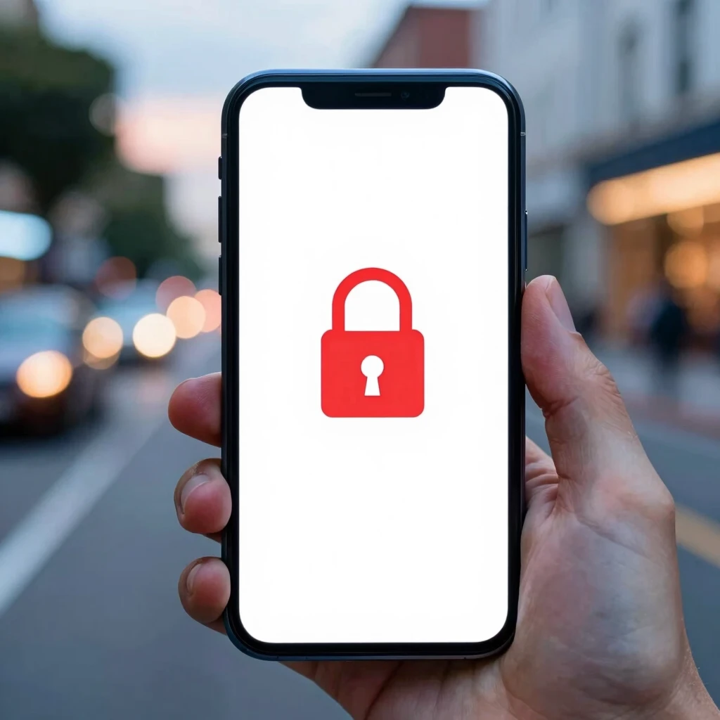 Smartphone displaying data breach warning on city street