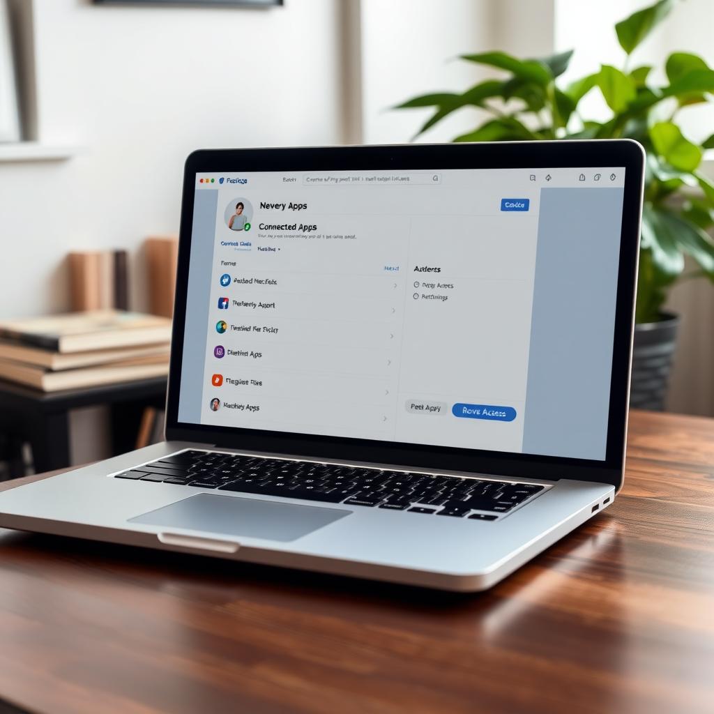 Laptop showing social media connected apps settings in a home office