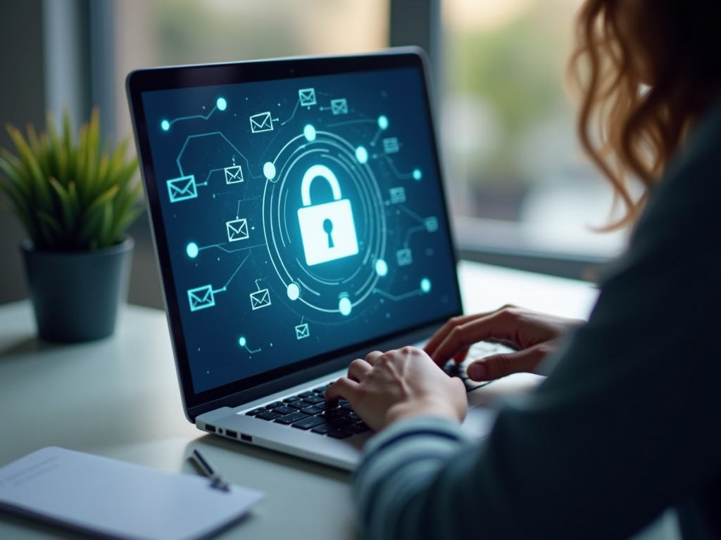 Person using encrypted email service on a laptop, emphasizing online privacy.