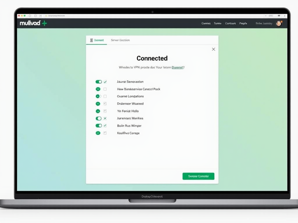 Mullvad VPN app displaying a connected status and server options.