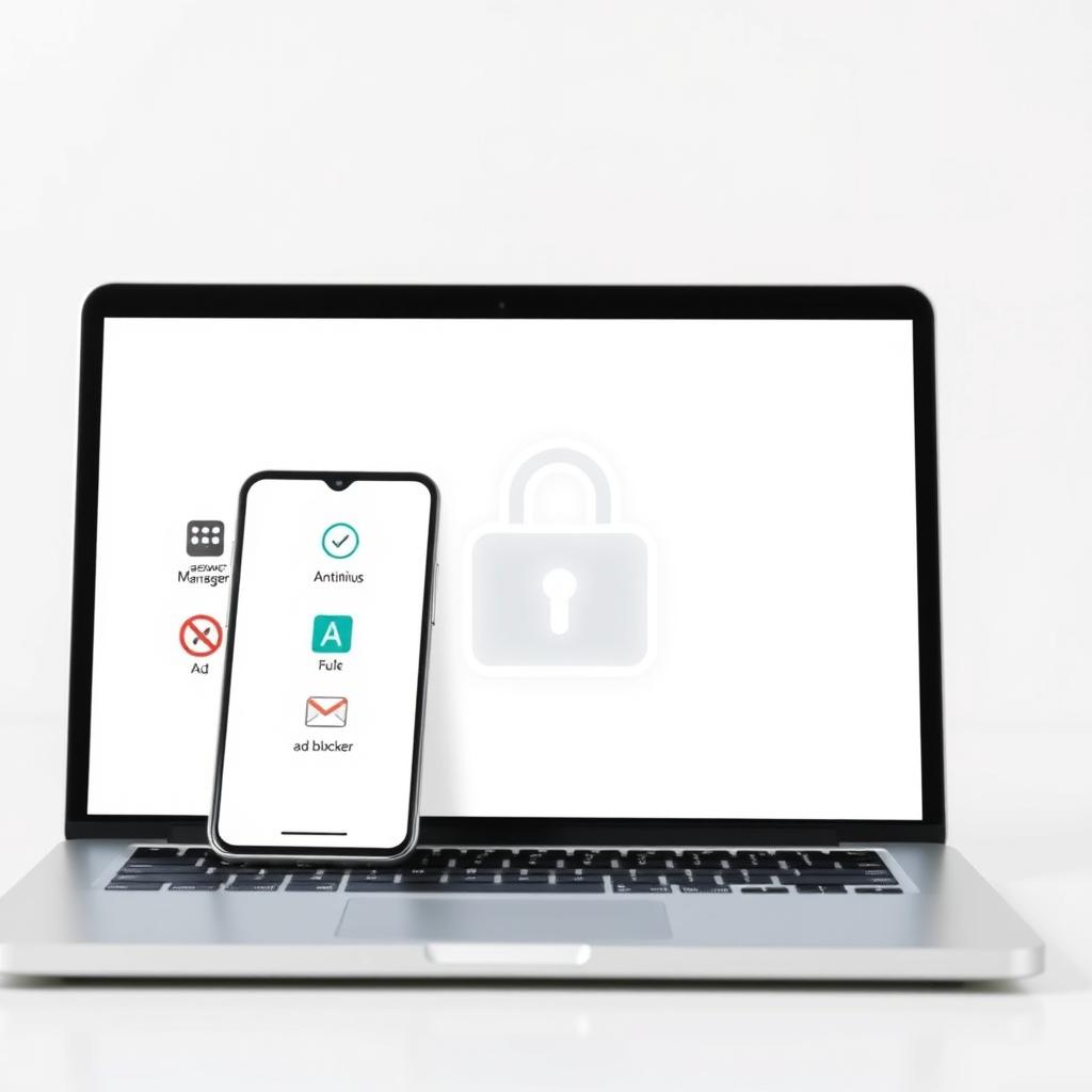 Smartphone and laptop showing privacy tool icons with a secure lock overlay.