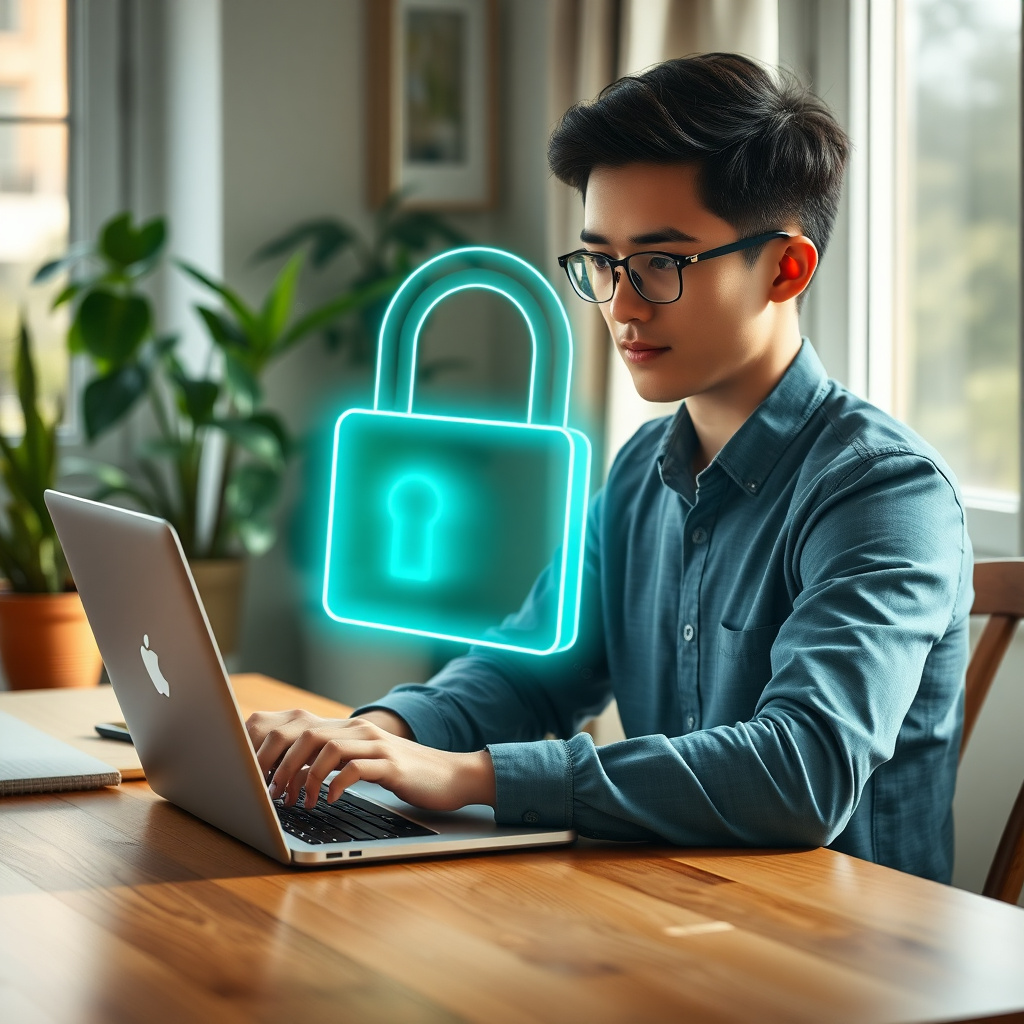 A person securing their laptop with a digital padlock, representing online privacy protection
