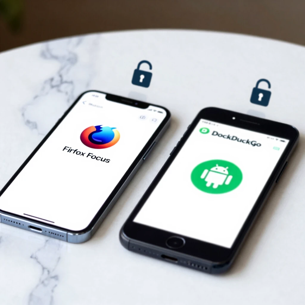 Side-by-side smartphones displaying Firefox Focus and DuckDuckGo for mobile privacy