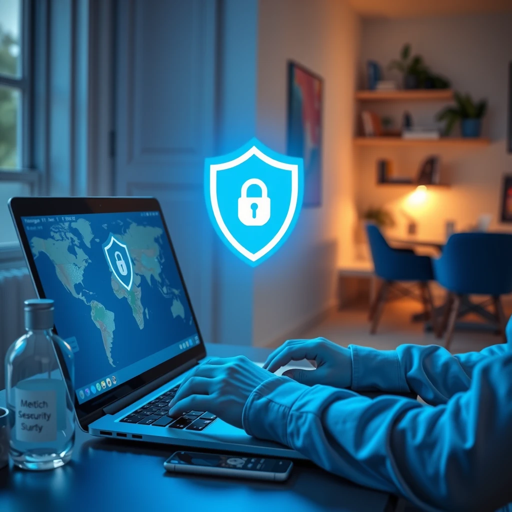 Person working on laptop with glowing VPN shield icon for secure online browsing