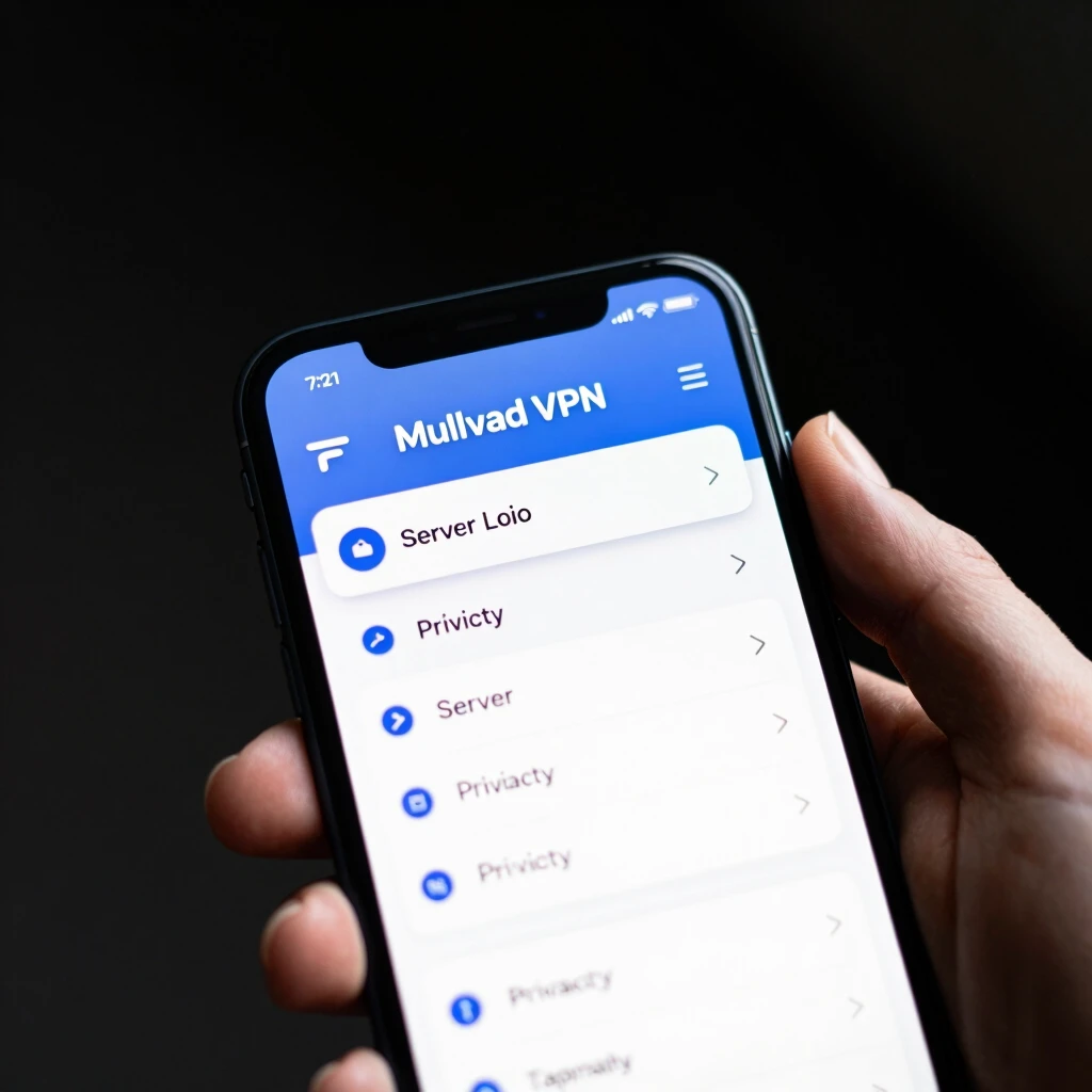 Close-up of Mullvad VPN app on smartphone displaying connection and privacy options