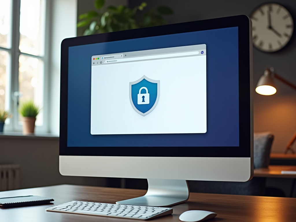 A computer screen with a privacy-focused web browser in a modern workspace.