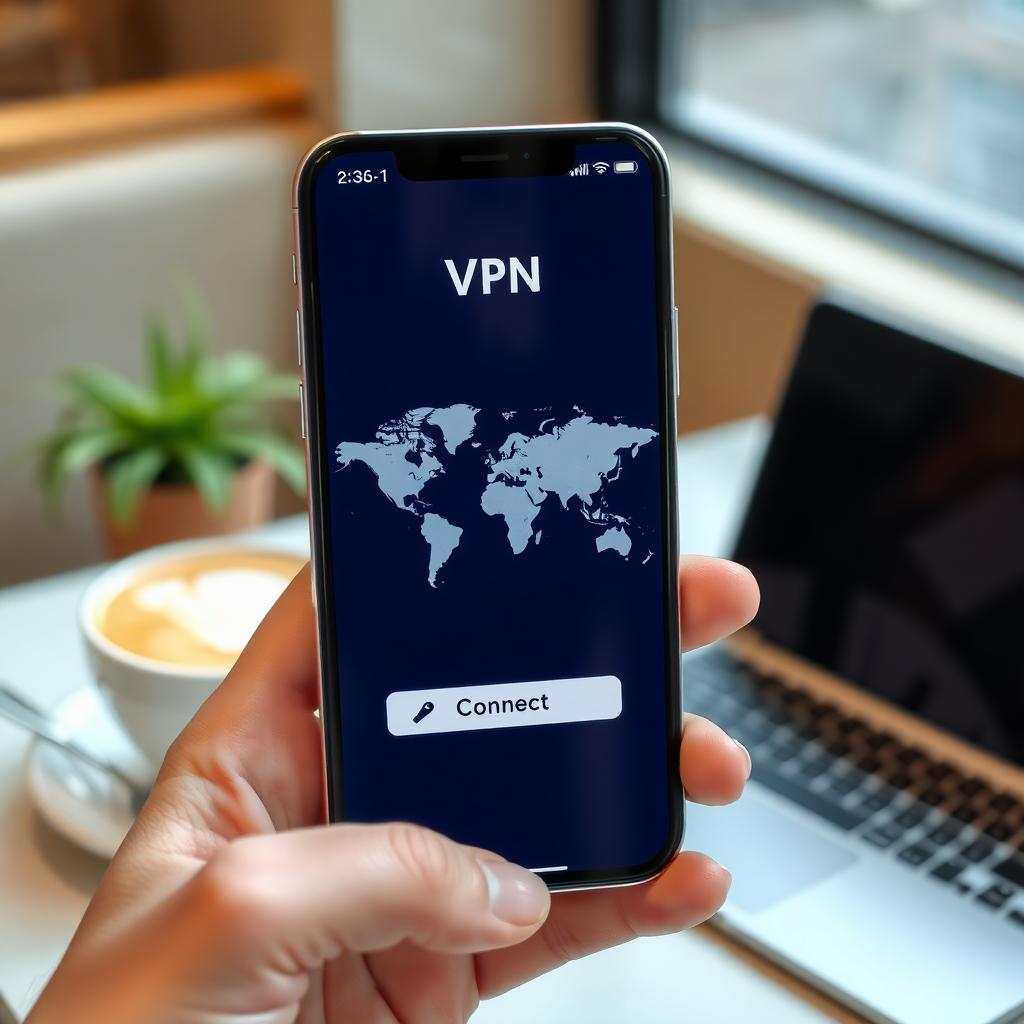 Person holding a smartphone with a VPN app open in a café