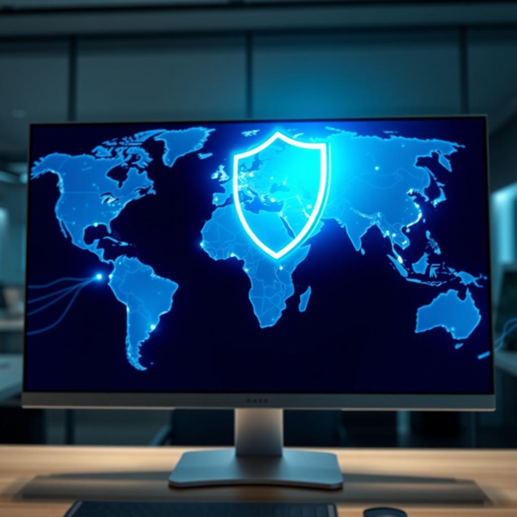 Digital world map with a shield icon on a computer screen, symbolizing global data protection.