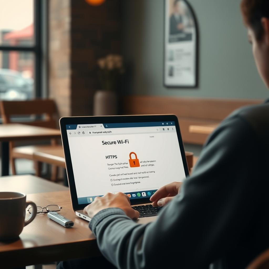 Person using a laptop on public Wi-Fi in a coffee shop, with a secure HTTPS website displayed.