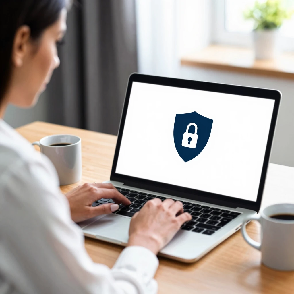 Woman securing her online privacy at a home office desk