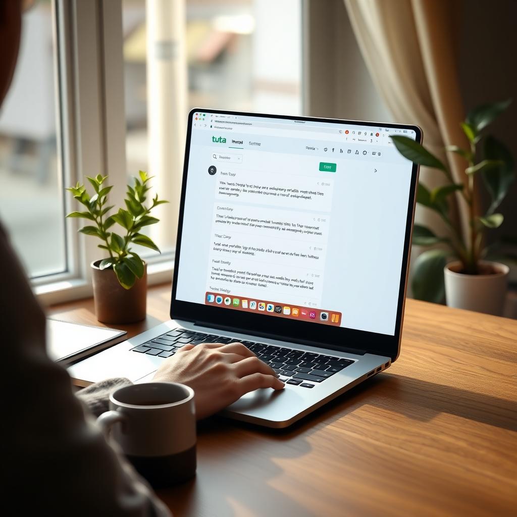 Person composing an encrypted email on Tuta Mail in a cozy home office