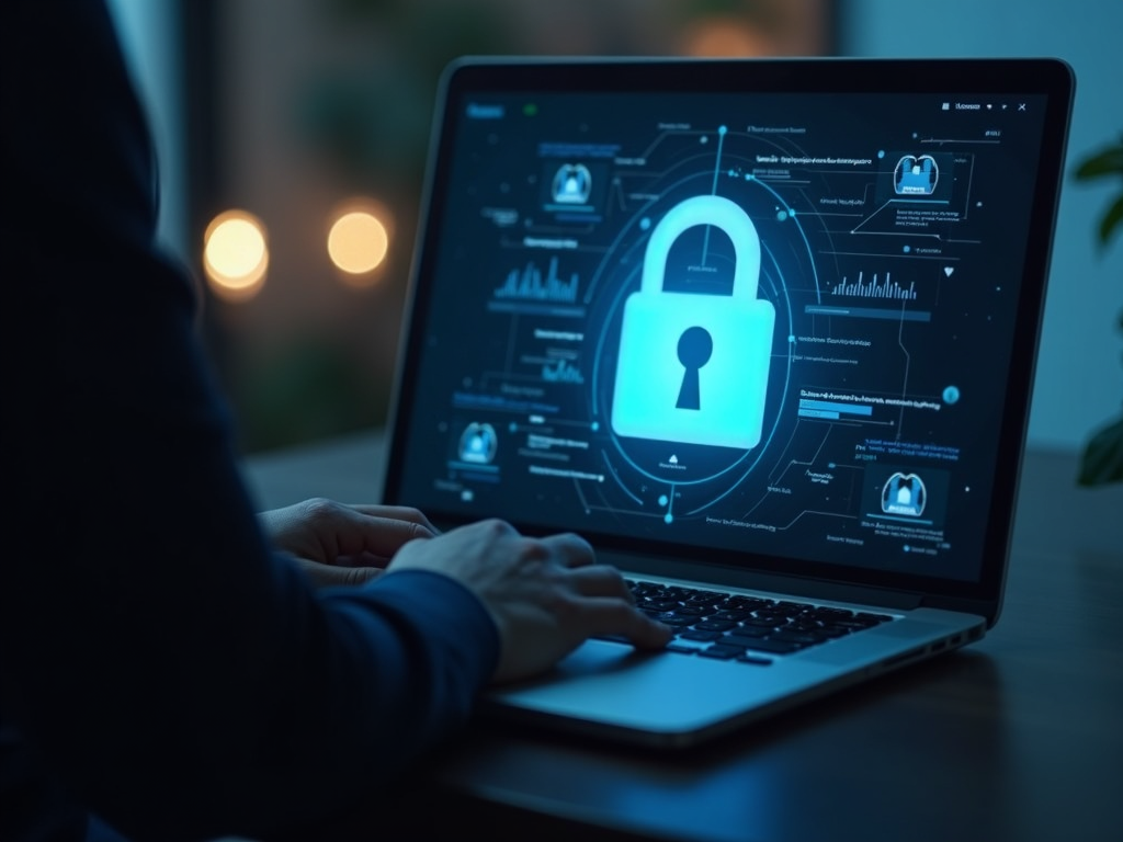 A person using a laptop with a padlock icon, representing online security.