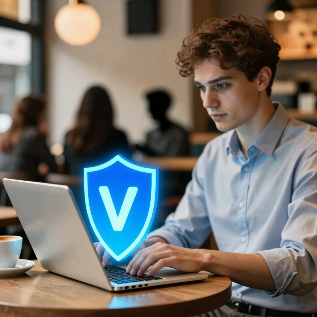 Person using laptop in cafe protected by VPN shield from surveillance