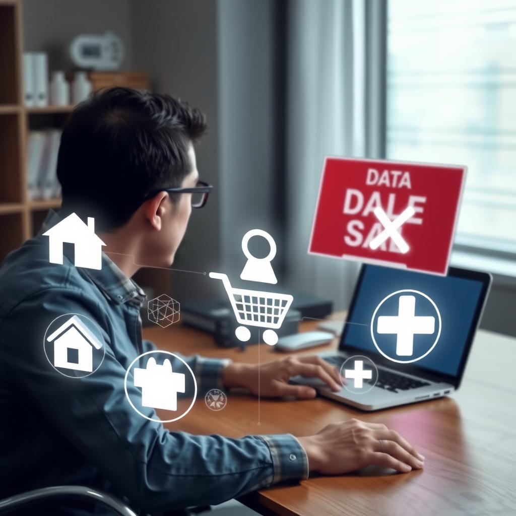 Person at a desk with holographic icons of personal data like a house and shopping cart, with a laptop displaying a 'data for sale' sign.
