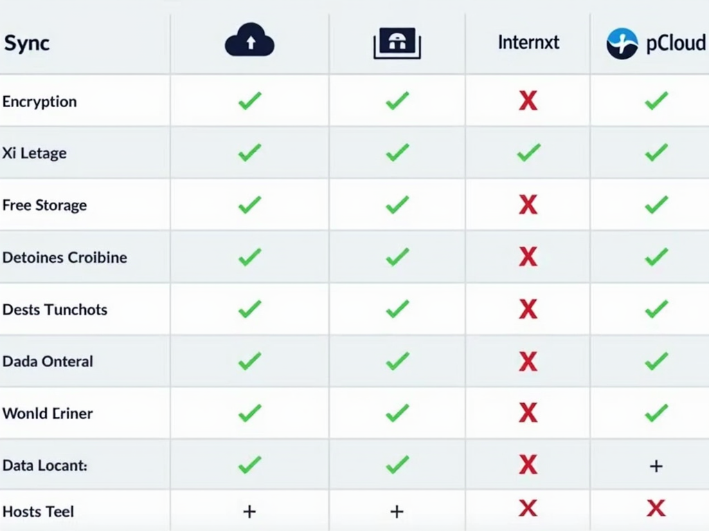 Table comparing Sync, Internxt, and pCloud features