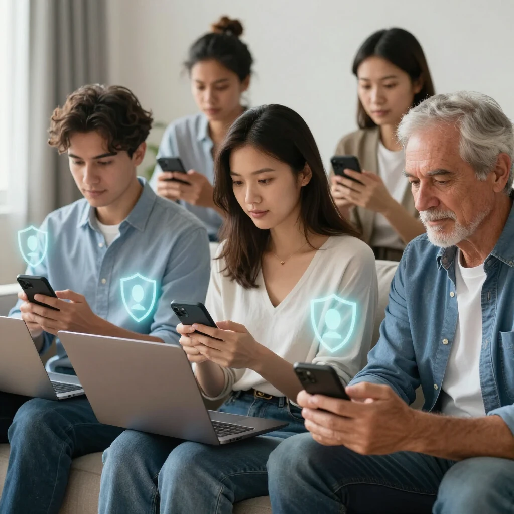 People confidently managing their online privacy on devices with protective shields