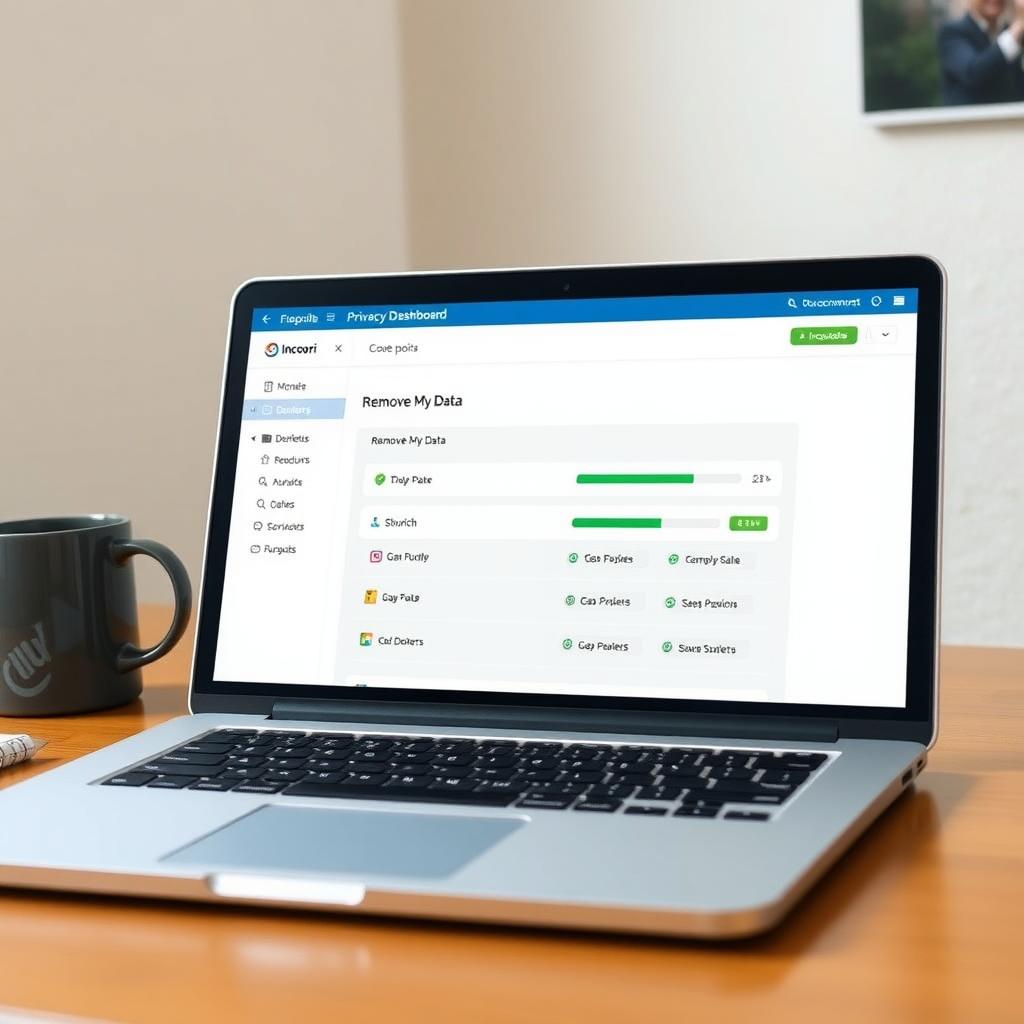 Laptop screen showing a privacy dashboard with options to remove personal data from data brokers.