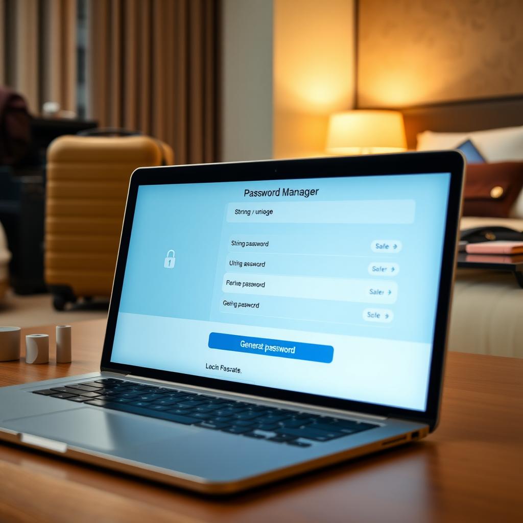 Laptop showing a password manager interface in a hotel room