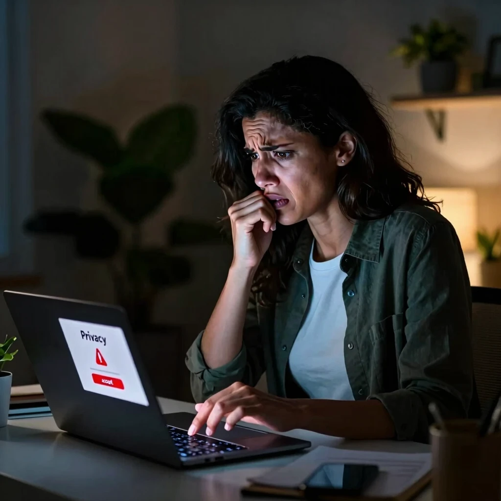 Woman facing an online privacy dilemma at her laptop