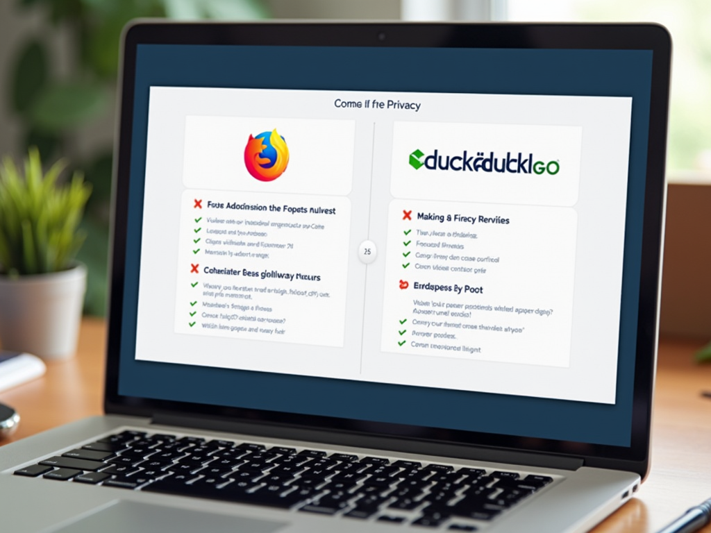 Comparison chart of Firefox Focus and DuckDuckGo privacy features on a laptop.