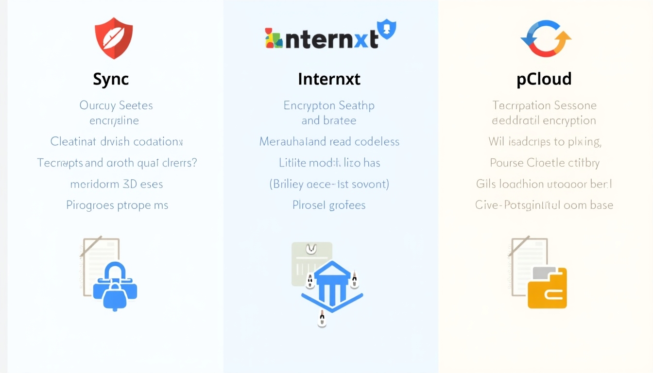 Infographic comparing privacy features of Sync, Internxt, and pCloud
